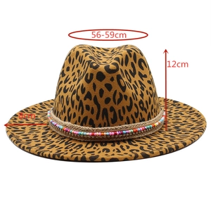 Bohemian leopard print wool fedora with beaded band and ethnic rope trim, 8cm wide brim