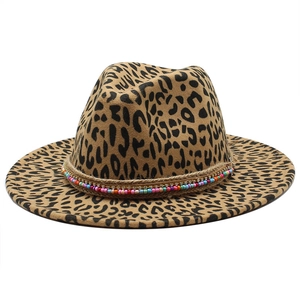 Classic leopard print fedora hat with bohemian beaded band and rhinestone details