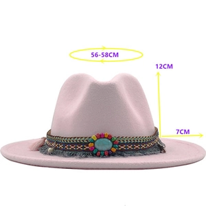 Pink wool fedora hat with ethnic turquoise band showing 56-58cm head circumference size