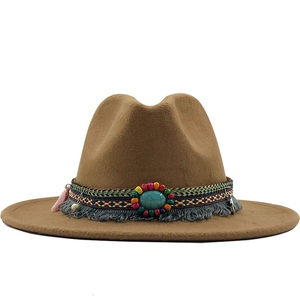 Camel wide brim fedora hat with bohemian ethnic band and turquoise stone accent