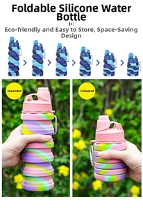 Collapsible silicone sports bottle with carabiner showing folding steps and hand-held size