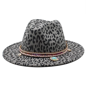 Gray leopard print fedora hat with turquoise pendant and boho shell trim detailing