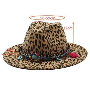 Fashion leopard print wool fedora hat with ethnic beaded band and red tassels