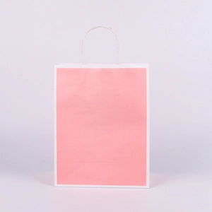 Pink kraft paper shopping bag with white rope handles and decorative border frame detail