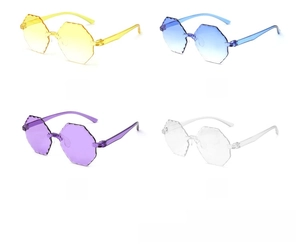 Detailed wave-cut edges of octagonal rimless sunglasses in multiple jelly colors
