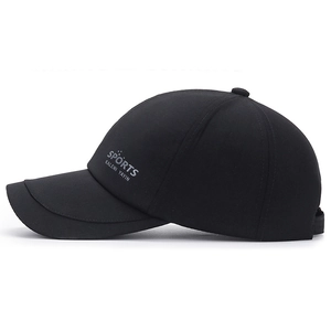 Men's black sports baseball cap with breathable fabric and white letter embroidery
