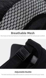Detail of black mesh sun hat showing breathable fabric texture and adjustable back buckle