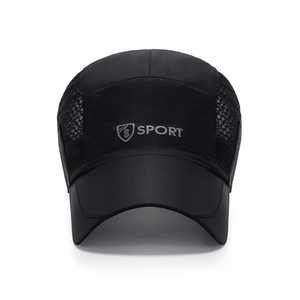 Unisex black quick-dry sport cap with mesh panels and gray letter print for sun protection