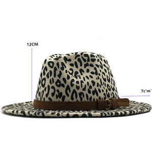 Beige leopard print wool fedora hat with brown buckled band, 12cm height and 7cm brim