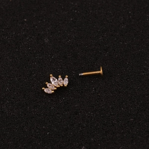Golden crown flat back stud earring with five marquise-cut white zirconias for body piercing