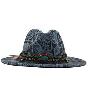 Blue-grey leopard print fedora hat with ethnic woven band and turquoise tassel charm