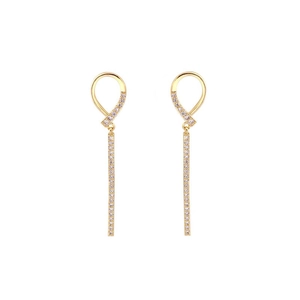 Elegant gold geometric earrings featuring sparkling pave crystals and long drop pendant