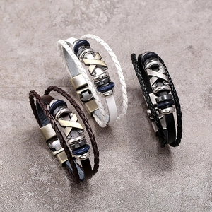 Multilayer braided leather bracelets with X-shaped metal charms in white brown and black