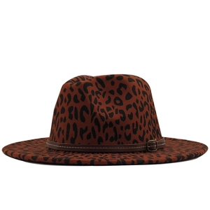Autumn leopard print fedora hat in brown wool felt with leather buckle band detail
