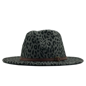 Chic leopard print wool fedora hat with brown leather band and vintage buckle detail