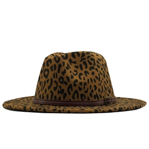Classic leopard print wool felt fedora hat with a brown decorative belt and metal buckle