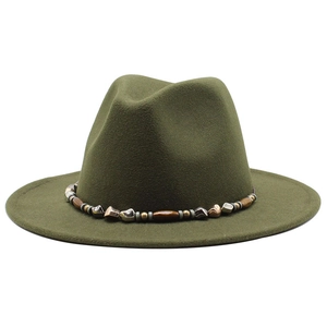 Olive green wool fedora hat with bohemian beaded band and flat wide brim