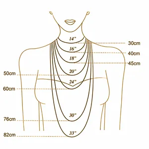 Size guide showing stainless steel necklace lengths from 14 to 33 inches on a female torso
