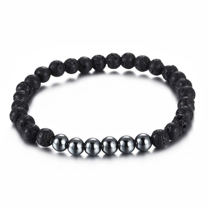 Minimalist black lava rock and polished steel bead elastic bracelet for men and women
