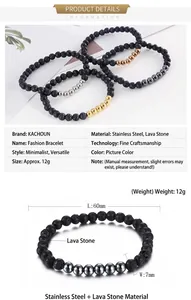 Detail view of black volcanic stone bracelet with 7mm stainless steel beads and 60mm diameter