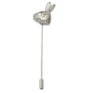 Silver rabbit lapel pin for suits with realistic metal bunny carving and long safety needle