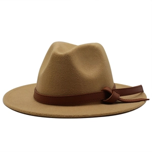 Classic camel wool fedora hat with brown leather decorative band for men and women