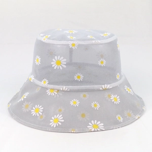 Cappello a secchiello in rete grigia con stampa a margherite per protezione solare estiva