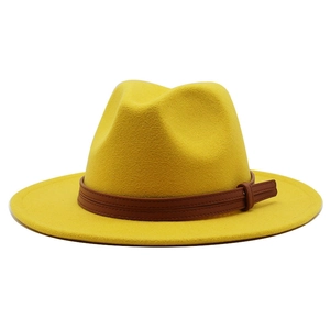 Bright yellow wool felt fedora hat with brown leather band and wide brim for women