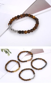 Macro view of 8mm natural tiger eye stone beads with multi-colored metal spacer beads