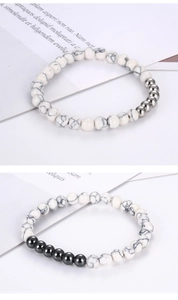 Detail of beaded bracelet with white marble howlite stones and metallic accents
