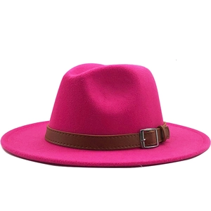 Classic rose pink wool fedora hat with a brown leather belt and silver buckle detail