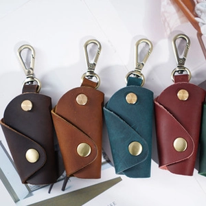 Retro crazy horse leather mini tape measure pendants with metal clasps in four colors