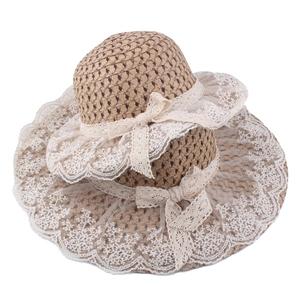 Women and children lace bow straw sun hats for summer beach holiday set of two