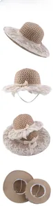 Detailed views of straw sun hats with white lace trim and bow for parent and child