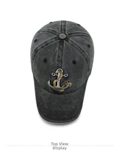 Top view of washed denim baseball cap with anchor embroidery and breathable eyelets