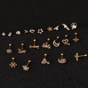 Gold stainless steel ear stud set with white zircon stars, moons and hearts