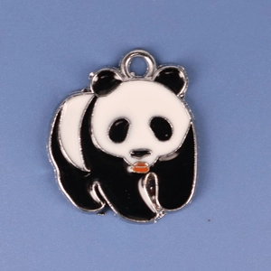 Detailed view of a black and white enamel panda alloy pendant with silver metal edges