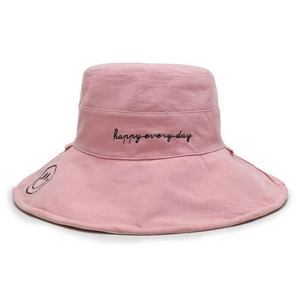 Pink bucket hat with happy every day embroidery and wide brim for sun protection