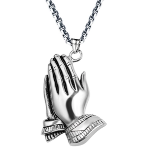 Vintage silver praying hands pendant necklace for men in a retro hip-hop jewelry style