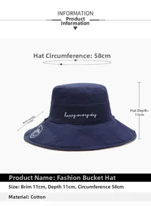 Detail view of cotton bucket hat with white happy everyday embroidery and 11cm wide brim
