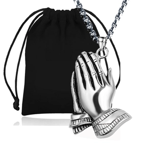 Retro hip hop praying hands pendant necklace in silver tone with black velvet gift pouch