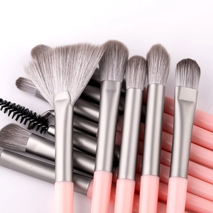 Détail de 12 pinceaux de maquillage avec manche rose, virole argentée et poils gris