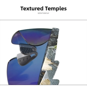 Detail view of sport sunglasses showing camouflage textured arms and anti-slip nose pads