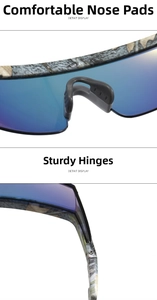 Detail of camouflage sports sunglasses showing blue lenses, nose pads, and metal hinges