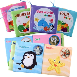 Educational soft baby cloth books set featuring animals and fruits in fan-shaped layout