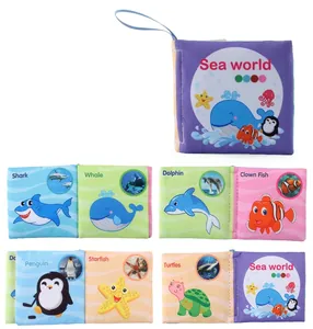 Detail of baby soft cloth book featuring colorful Sea World sea creature illustrations