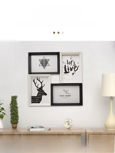 Modern wall-mounted 4-frame collage set with black and white wood texture in home setting
