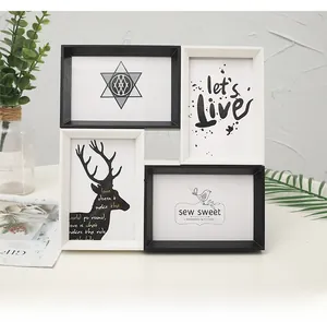 Close-up of a 4-grid collage photo frame with black and white wood textures on a desk
