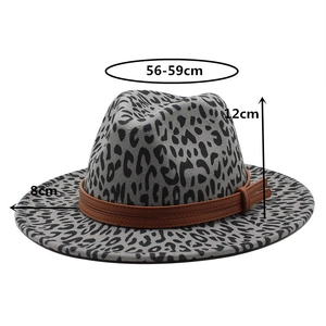 Detail showing dimensions of gray leopard print felt hat with 8cm wide brim and leather band