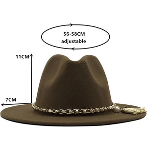 Elegant wool fedora hat with metal chain, pearls, and tassel trim in dark coffee brown